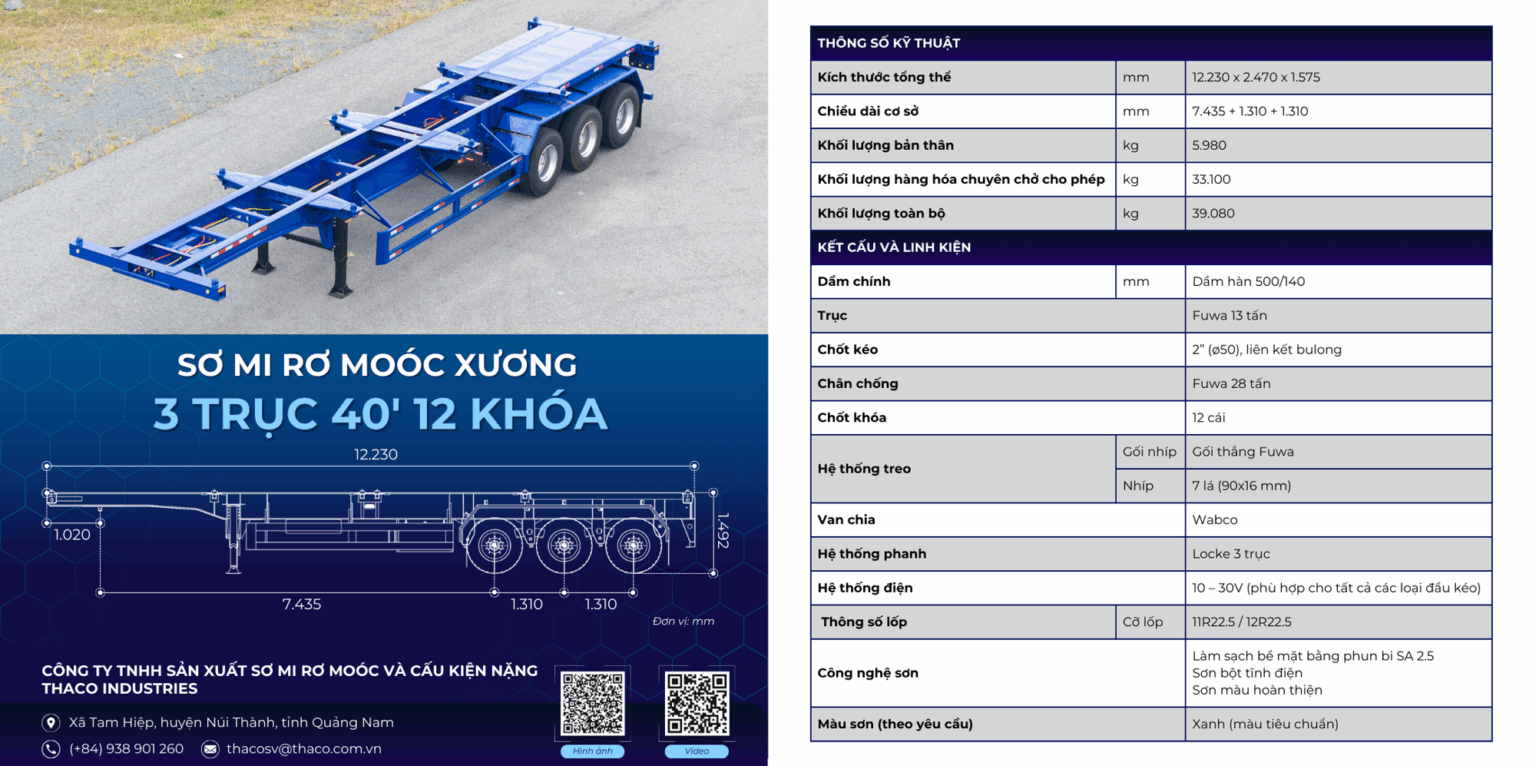 SƠ MI RƠ MOÓC XƯƠNG 3 TRỤC 40 FEET 12 KHOÁ