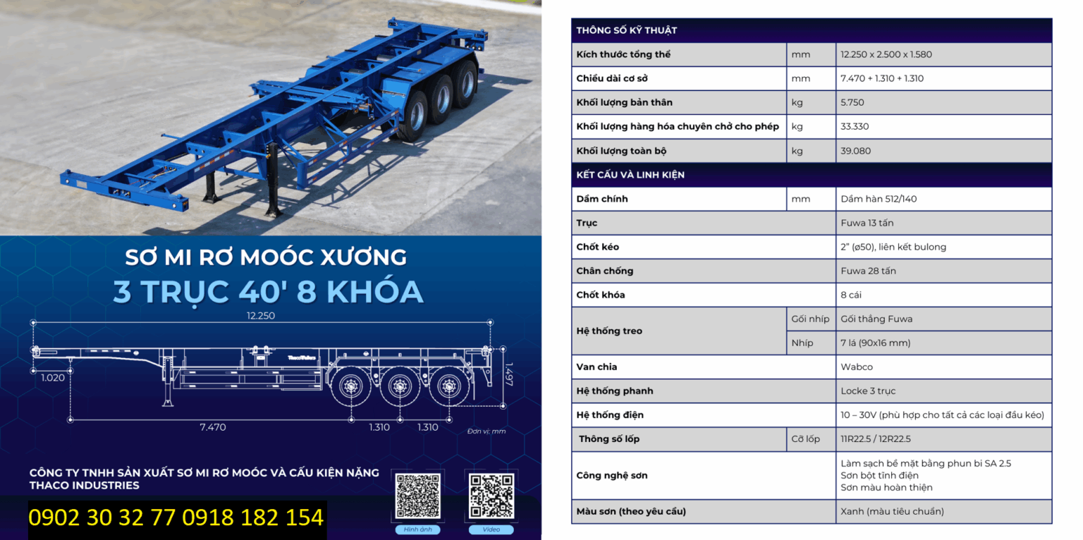 SƠ MI RƠ MOÓC XƯƠNG 3 TRỤC 40 FEET 8 KHOÁ