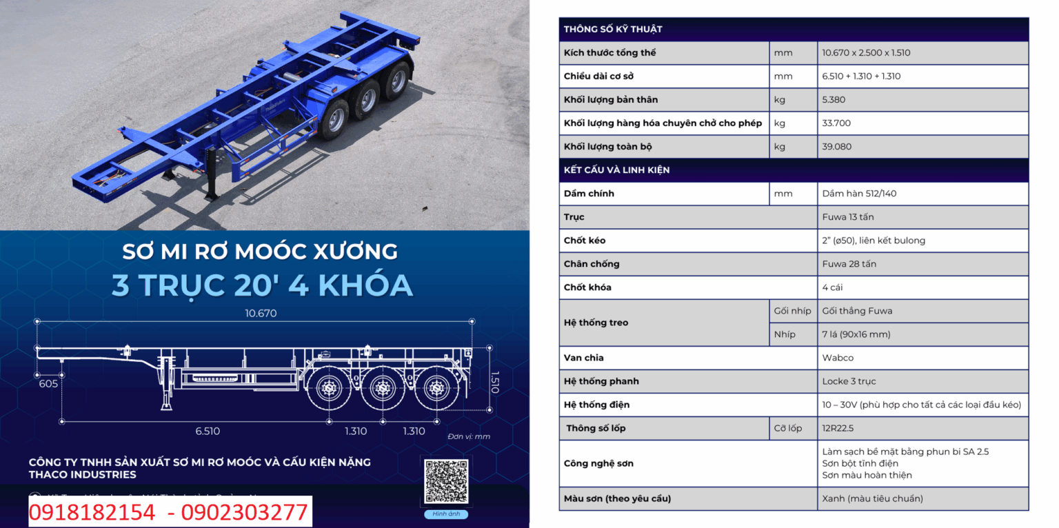 SƠ MI RƠ MOÓC XƯƠNG 3 TRỤC 4 KHÓA (10.6 m)