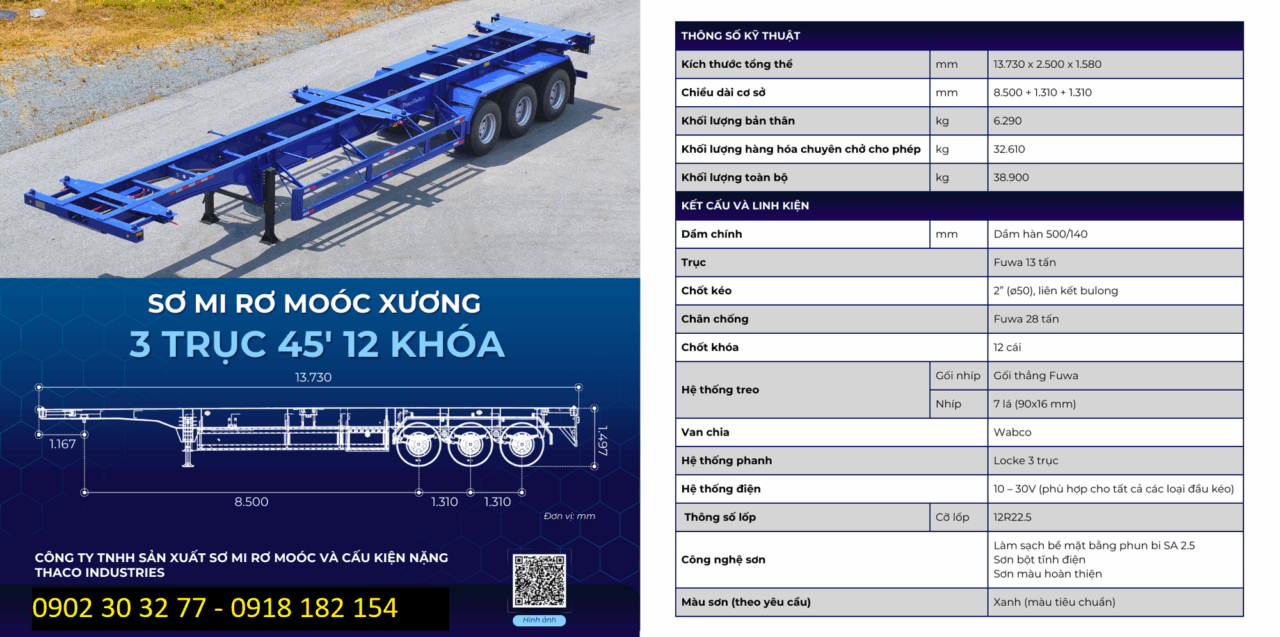 SƠ MI RƠ MOÓC XƯƠNG 3 TRỤC 45 FEET 12 KHOÁ