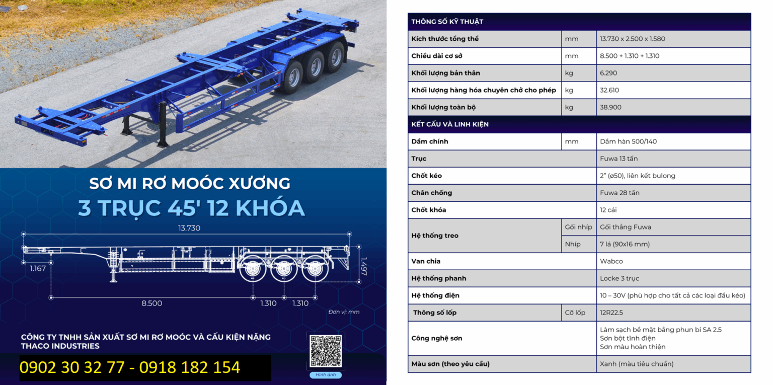 SƠ MI RƠ MOÓC XƯƠNG 3 TRỤC 45 FEET 12 KHOÁ