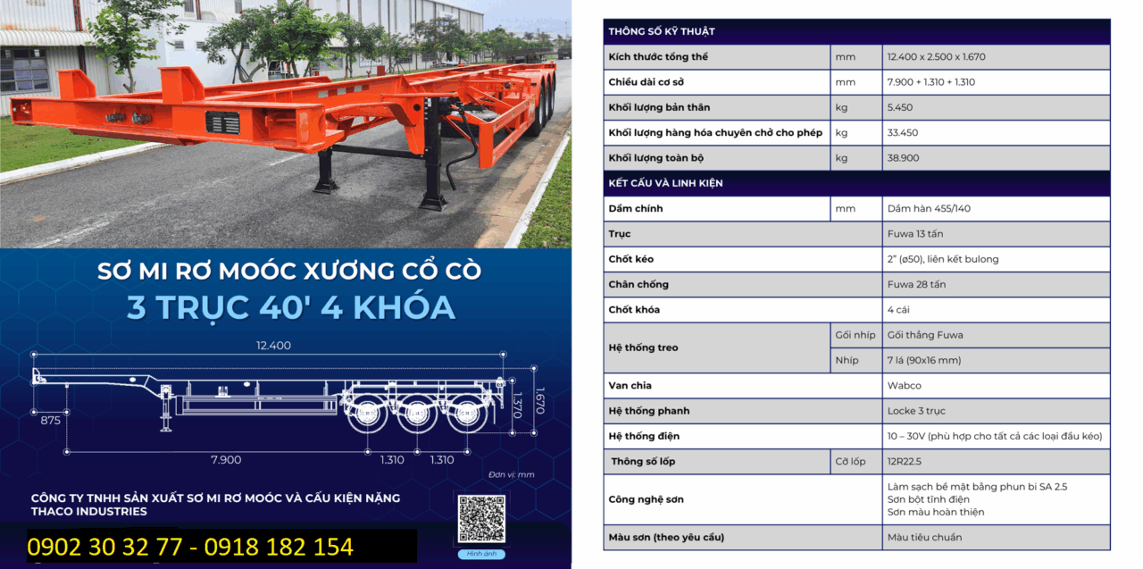 SƠ MI RƠ MOÓC XƯƠNG CỔ CÒ 3 TRỤC 40 FEET 4 KHOÁ