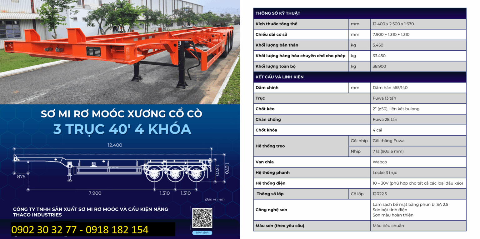 SƠ MI RƠ MOÓC XƯƠNG CỔ CÒ 3 TRỤC 40 FEET 4 KHOÁ